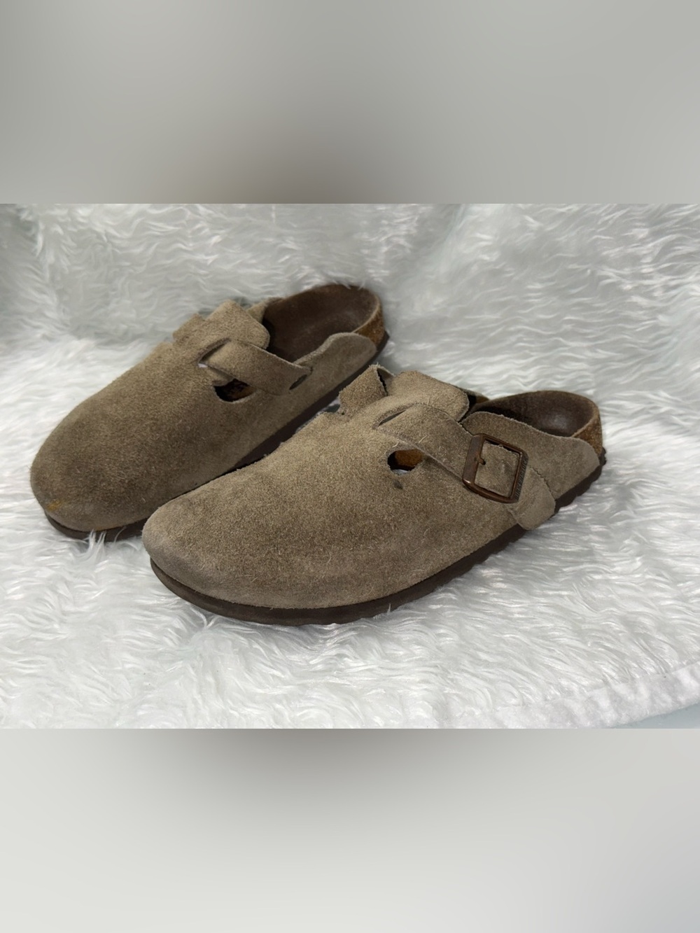 Mens birkenstock Suede Slip-On Clog in Taupe with Buckle